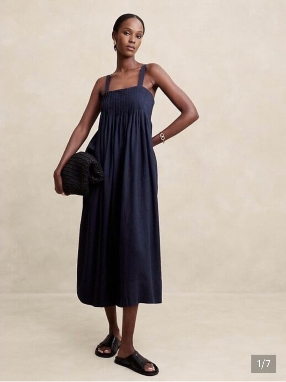 Banana Republic Navy blue pleated front linen Midi Dress (maternity friendly)